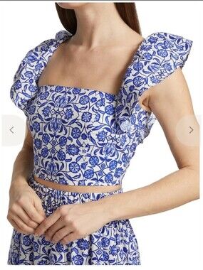 Cara Cara Darby Top Cotton Poplin Ruffled Crop Shirt Blouse Blue Small
